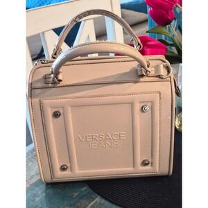Versace Jeans Cream Patent Leather Satchel Top Handle Bag Silver Hardware